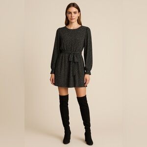 Giani Bini Black Long Sleeve Mini Dress Size L – Belted Waist, Subtle Print
